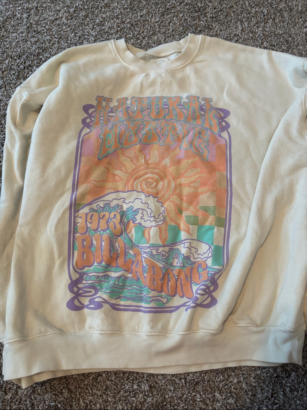 Billabong Cream Crewneck with Purple, Orange & Teal Surf Graphic